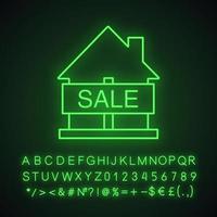 hus till salu neonljusikon. fastighetsmarknaden. glödande tecken med alfabet, siffror och symboler. vektor isolerade illustration