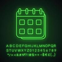 Symbol für Neonlicht im Kalender. Zeitplan. leuchtendes zeichen mit alphabet, zahlen und symbolen. vektor isolierte illustration
