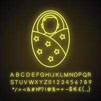 Symbol für gewickeltes Baby-Neonlicht. Neugeborene. leuchtendes zeichen mit alphabet, zahlen und symbolen. vektor isolierte illustration