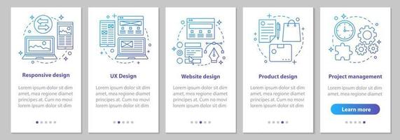 Webdesign Onboarding mobiler App-Seitenbildschirm mit linearen Konzepten. Website, UX, Responsive Design, Branding, grafische Anleitung für Projektmanagementschritte. ux, ui, gui-Vektorvorlage mit Illustration vektor