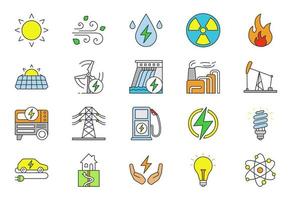 Farbsymbole für elektrische Energie festgelegt. Elektrizität. Stromerzeugung und Akkumulation. elektrische Energiewirtschaft. alternative Energiequellen. isolierte Vektorgrafiken vektor