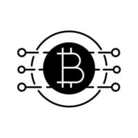 Symbol für Bitcoin-Glyphe. virtuelle Währung. Online-Banking. Bitcoin-Zahlung. Kontursymbol. Mikrochipwege mit Münze darin. Silhouettensymbol. negativer Raum. vektor isolierte illustration