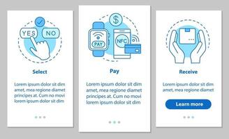 online shopping onboarding mobil app sidskärm med linjära koncept. välj, e-betalning, ta emot grafiska instruktioner för paketsteg. ux, ui, gui vektormall med illustrationer vektor