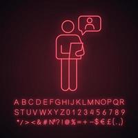 Symbol für Neonlicht im Online-Vorstellungsgespräch. leuchtendes zeichen mit alphabet, zahlen und symbolen. hr manager liest lebenslauf. Person, die einen Tablet-PC oder eine Zwischenablage hält. vektor isolierte illustration