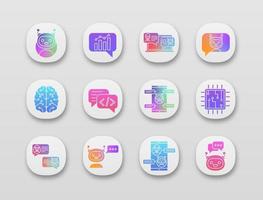Chatbots-App-Symbole festgelegt. ui ux-Benutzeroberfläche. Chat-Bots. Talkbots. virtuelle Assistenten. Support, Chat, Code, Messenger-Bots. Online-Helfer. Web- oder mobile Anwendungen. isolierte Vektorgrafiken vektor