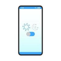 Vektorvorlage für die Smartphone-Schnittstelle im Nachtmodus. Seitendesign-Layout für mobile Apps. Schlafmodus einschalten, Bildschirm ausschalten. Umschalttaste für Lichtfilter. flache ui-anwendung. Helligkeitseinstellungen des Telefondisplays vektor