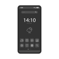 smartphone hemskärm vektor mall. mobilt gränssnitt svart designlayout. mobiltelefonens skrivbordsinställningar. platt ui. navigeringsskärm. telefondisplay med appikoner och knappar