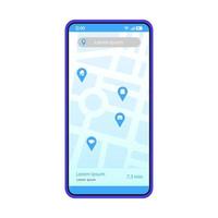 GPS-navigering app gränssnitt vektor mall. mobilapplikationssida blå designlayout. ruttsökningsskärm. platt ui-applikation. att välja destination. telefondisplay med digital karta, pinpoints