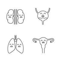 traurige menschliche innere organe lineare symbole gesetzt. dünne Linienkontursymbole. unglückliche Nieren, Lungen, Gebärmutter. ungesunde Lungen- und Fortpflanzungssysteme. isolierte vektorumrissillustrationen. editierbarer Strich vektor