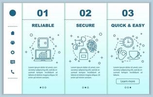 mall för digitala tjänster onboarding mobila webbsidor. affärsprogramvara. säkerhet, snabb och enkel lansering, pålitlig service. gränssnitt för responsiv smartphones webbplats. webbsida genomgång steg skärmar vektor