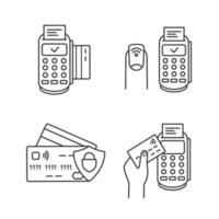 Lineare Symbole für NFC-Zahlung festgelegt. POS-Terminal, NFC-Maniküre, Kreditkarten. dünne Linienkontursymbole. isolierte vektorumrissillustrationen. editierbarer Strich vektor