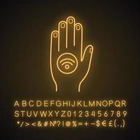 nfc-Aufkleber auf der Hand Symbol für Neonlicht. Near Field Communication. RFID-Aufkleber. leuchtendes zeichen mit alphabet, zahlen und symbolen. NFC-Tag. berührungslose Technologie. vektor isolierte illustration