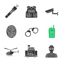 polisens glyfikoner set. ficklampa, skottsäker väst, övervakningskamera, fingeravtryck, handbojor, walkie talkie, helikopter, polisstation, rånare. siluett symboler. vektor isolerade illustration