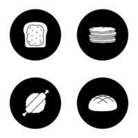 Bäckerei-Glyphen-Symbole gesetzt. Toast mit Marmelade, Pfannkuchenstapel, Nudelholz und Teig, Roggenbrotlaib. Vektor weiße Silhouetten Illustrationen in schwarzen Kreisen