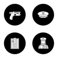 Polizei-Glyphen-Symbole gesetzt. Taser, Hut, Polizeibericht, Polizistin. Vektor weiße Silhouetten Illustrationen in schwarzen Kreisen