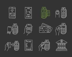 nfc-zahlungskreidesymbole gesetzt. elektronisches Geld. bargeldloses und kontaktloses Bezahlen. digitaler Kauf. Online-Banking. Nahfeldkommunikationstechnologie. isolierte vektortafelillustrationen vektor