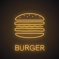 Burger-Cutaway-Neonlicht-Symbol. Sandwich. Hamburger Versammlung. Café leuchtendes Zeichen. vektor isolierte illustration