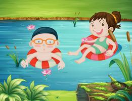 Två barn simma i floden vektor