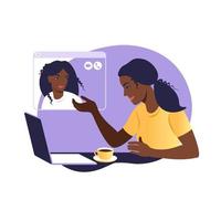 Afrikanische Freundinnen chatten online. Mädchen sitzt auf einem Stuhl vor einem Laptop und spricht mit einem Freund. Videokonferenz, Online-Chat-Konzept. Arbeit oder Online-Meeting von zu Hause aus. Vektor-Illustration. vektor