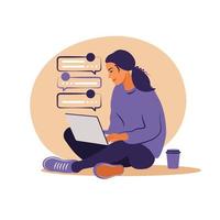 Frau sitzt mit Laptop. Konzeptillustration für Arbeit, Studium, Bildung, Arbeit von zu Hause aus, gesunder Lebensstil. kann für Hintergründe, Infografiken, Heldenbilder verwendet werden. eben. Vektor-Illustration. vektor