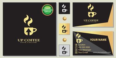 Luxus-Gold-Coffee-Shop-Logo mit Pfeil nach oben, einfaches Schwarz, kostenlose Premium-Visitenkarten-Vorlage, Vektor eps 10