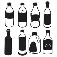 Verschiedene Formen von Plastikflaschen Mineralwasser trinken Silhouettensymbol. schwarze weiße handgezeichnete Vektorillustration vektor