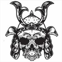 Totenkopf im Helm Samurai, Maskenschädelkriegerhelm, Samurai-Zeichnung, schwarz-weiße, handgezeichnete Vektorillustration vektor