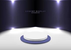 3D realistische Produktanzeige weißes und blaues Podium mit glänzendem violettem Hintergrund vektor