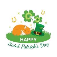 Happy Saint Patrick's Day Card mit Kleeblättern, Rotfuchs und Koboldhut vektor