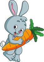 das Kaninchen umarmt die große Karotte und wird sie essen vektor
