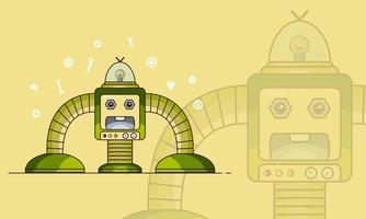 süßer grüner roboter auf gelbem hintergrund. grafische Vektorillustration. Cyborg futuristisches Design Roboterspielzeugroboter. roboter technologie maschine zukunft wissenschaft spielzeug. niedlicher elementikonencharakter, karikaturroboter. vektor