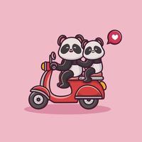 Alla hjärtans dag par panda karaktär rida en skoter. söta djurpar vektor