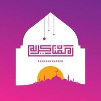 ramadan kareem typografisk. ramadhan fest gratulationskort vektorillustration. bokstäver sammansättning av muslimska heliga månaden med moskébyggnad vektor