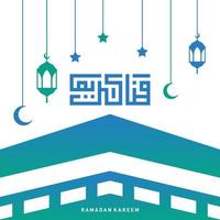 ramadan kareem typografisk. ramadhan fest gratulationskort vektorillustration. bokstäver sammansättning av muslimska heliga månaden med moskébyggnad vektor