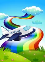 Ein Düsenflugzeug in der Nähe des Gipfels mit einem Regenbogen vektor