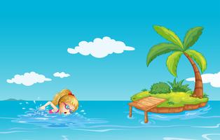 En tjej simmar nära en ö med ett kokosnötträd vektor