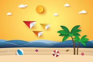 sommartid, färgglada origamiplan som flyger i himlen med stranden och kokospalmen, papperskonststil vektor