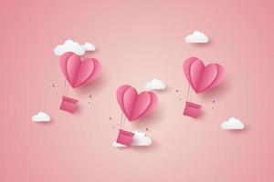 Valentinstag, Illustration der Liebe, Heißluftballons mit rosa Herzen, die in den blauen Himmel fliegen, Papierkunststil vektor
