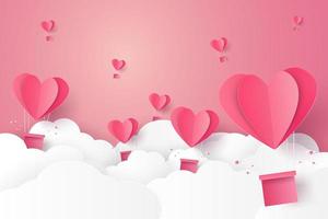 Valentinstag, Illustration der Liebe, Heißluftballon in Herzform, der am Himmel fliegt, Papierkunststil
