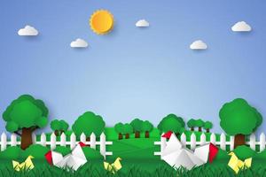 Frühling, Landschaft, Origami-Huhn und Küken im Garten mit Bäumen, Blumentöpfen, schönen Blumen auf Gras und Zaun, Vogel auf dem Ast, Papierkunststil vektor