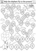 födelsedag svart och vitt brädspel för barn med söta djur. pedagogisk semester disposition brädspel med elefant, present, moln, stegar, ballonger. överraskningsfestlinjeaktivitet. vektor