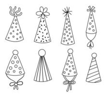 Vektor schwarz-weiß niedliche Reihe von Geburtstagshüten. lustiges umriss-b-day-zubehör für karte, plakat, druckdesign. helle feiertagsillustration für kinder. packung mit fröhlichen feierliniensymbolen