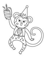 Vektor süßer tanzender Affe im Geburtstagshut. lustiges b-day-tier für karte, plakat, druckdesign. helle feiertagsillustration für kinder. fröhliches Feiercharaktersymbol isoliert auf weißem Hintergrund.