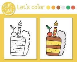 Geburtstag Malvorlagen für Kinder. lustiges Stück Kuchen mit Kerze und Sahnehäubchen. vektorfeiertagsentwurfsillustration mit nettem dessert. Party-Farbbuch für Kinder mit farbigem Beispiel vektor