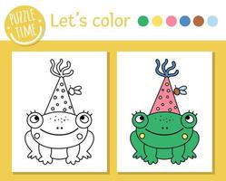 Geburtstag Malvorlagen für Kinder. lustiger frosch im partyhut. vektorfeiertagsentwurfsillustration mit nettem tier. Party-Farbbuch für Kinder mit farbigem Beispiel vektor