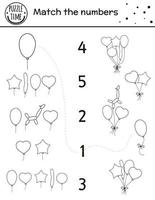 födelsedag svartvitt matchande spel med färgglada ballonger. semester disposition linje matematik aktivitet för förskolebarn. pedagogiskt firande utskrivbart räkneblad med för barn vektor