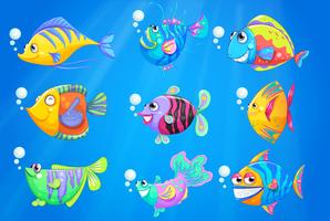 Nio färgglada fiskar under djuphavet vektor
