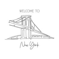 eine durchgehende strichzeichnung brooklyn bridge wahrzeichen. ikonischer ort der weltschönheit in new york, usa. home wall decor art poster print-konzept. moderne einzeilige zeichnen design vektorgrafik illustration vektor