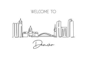 einzelne durchgehende linienzeichnung der skyline der stadt denver, usa. berühmter Stadtkratzer und Landschaft. Weltreisekonzept Wohnkultur Wandkunst Posterdruck. moderne einzeilige abgehobene betragsdesign-vektorillustration vektor