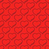 Herzen Musterdesign auf rotem Hintergrund. schwarzer Umriss des Herzens. hand gezeichnete zeichnung. valentinstagurlaub für liebhaber. Vektor